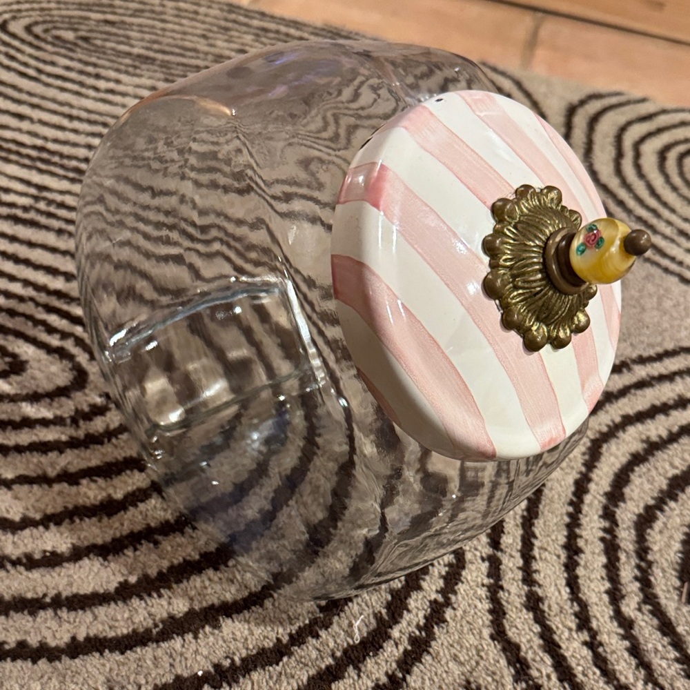 McKenzie Childs glass cookie Jar with Pink Striped Lid